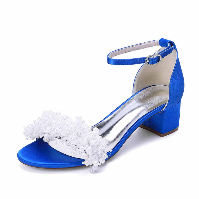 Women's Pearl Bridal Wedding Shoes Chunky Heel Ankle Strap Sandals for Party Evening