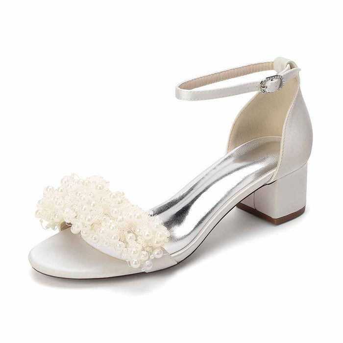Women's Pearl Bridal Wedding Shoes Chunky Heel Ankle Strap Sandals for Party Evening