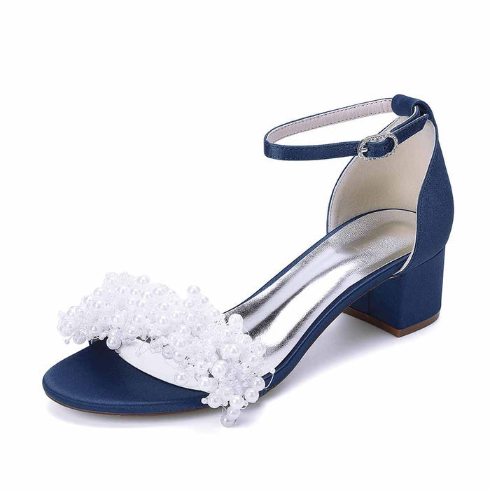 Women's Pearl Bridal Wedding Shoes Chunky Heel Ankle Strap Sandals for Party Evening