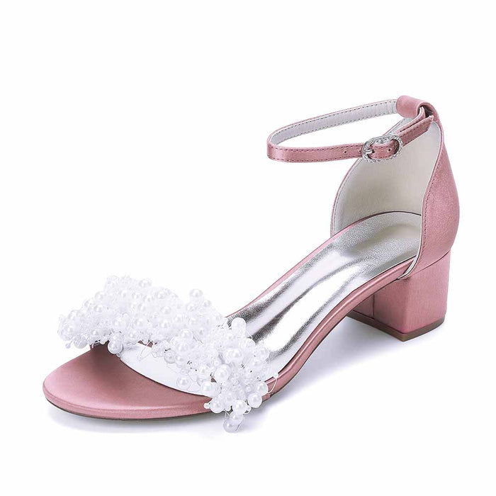 Women's Pearl Bridal Wedding Shoes Chunky Heel Ankle Strap Sandals for Party Evening