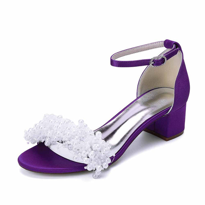 Women's Pearl Bridal Wedding Shoes Chunky Heel Ankle Strap Sandals for Party Evening