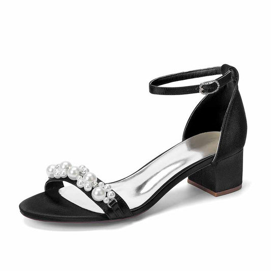 Women's Pearl Embellished Ankle Strap Block Heel Sandals - Satin Bridal & Party Shoes
