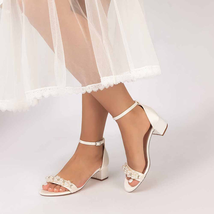 Women's Pearl Embellished Ankle Strap Block Heel Sandals - Satin Bridal & Party Shoes