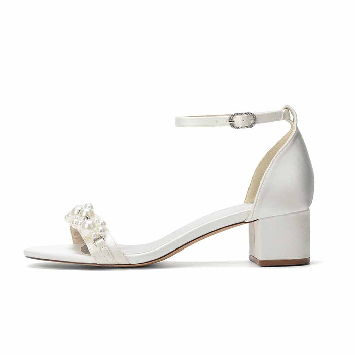 Women's Pearl Embellished Ankle Strap Block Heel Sandals - Satin Bridal & Party Shoes