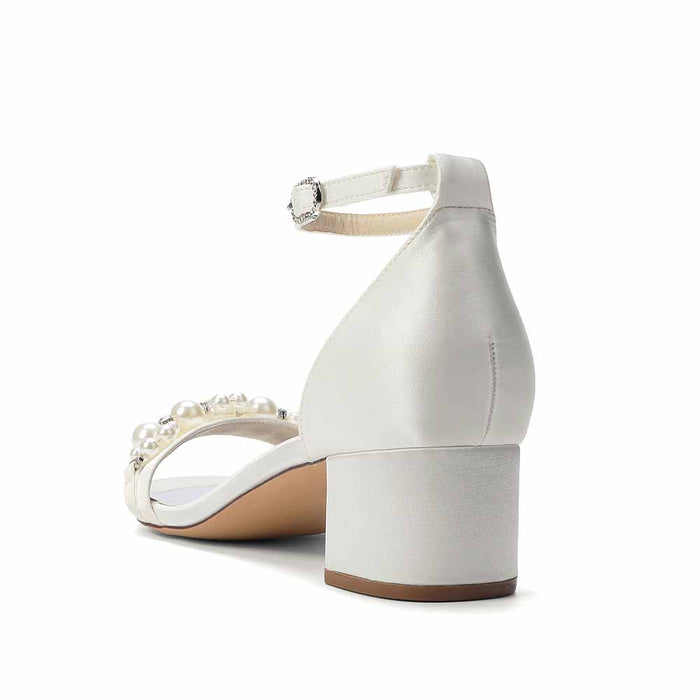 Women's Pearl Embellished Ankle Strap Block Heel Sandals - Satin Bridal & Party Shoes