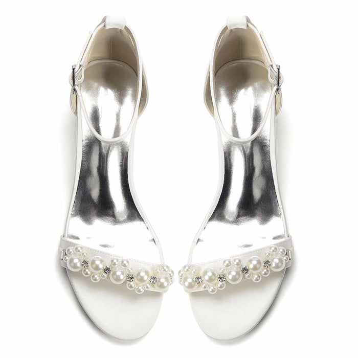 Women's Pearl Embellished Ankle Strap Block Heel Sandals - Satin Bridal & Party Shoes