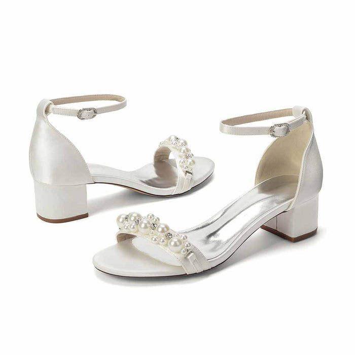 Women's Pearl Embellished Ankle Strap Block Heel Sandals - Satin Bridal & Party Shoes