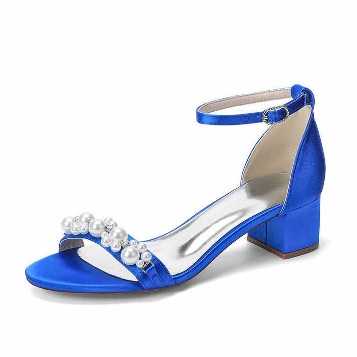 Women's Pearl Embellished Ankle Strap Block Heel Sandals - Satin Bridal & Party Shoes