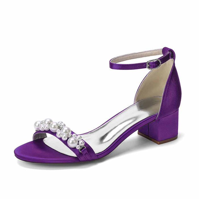 Women's Pearl Embellished Ankle Strap Block Heel Sandals - Satin Bridal & Party Shoes