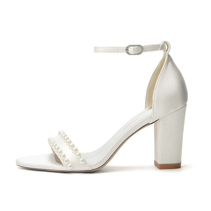 Women's Pearl Embellished Chunky Heel Ankle Strap Peep - Toe Satin Sandals – Ideal for Wedding, Bridal, Prom & Formal Occasions