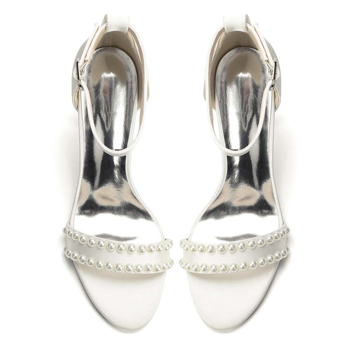 Women's Pearl Embellished Chunky Heel Ankle Strap Peep - Toe Satin Sandals – Ideal for Wedding, Bridal, Prom & Formal Occasions