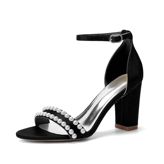 Women's Pearl Embellished Chunky Heel Ankle Strap Peep - Toe Satin Sandals – Ideal for Wedding, Bridal, Prom & Formal Occasions