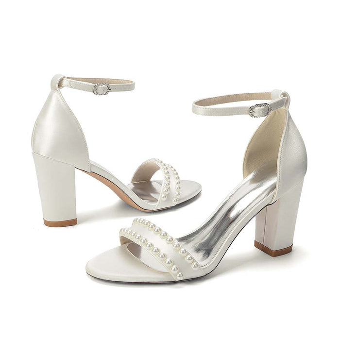 Women's Pearl Embellished Chunky Heel Ankle Strap Peep - Toe Satin Sandals – Ideal for Wedding, Bridal, Prom & Formal Occasions