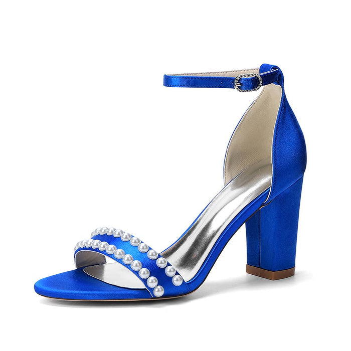 Women's Pearl Embellished Chunky Heel Ankle Strap Peep - Toe Satin Sandals – Ideal for Wedding, Bridal, Prom & Formal Occasions