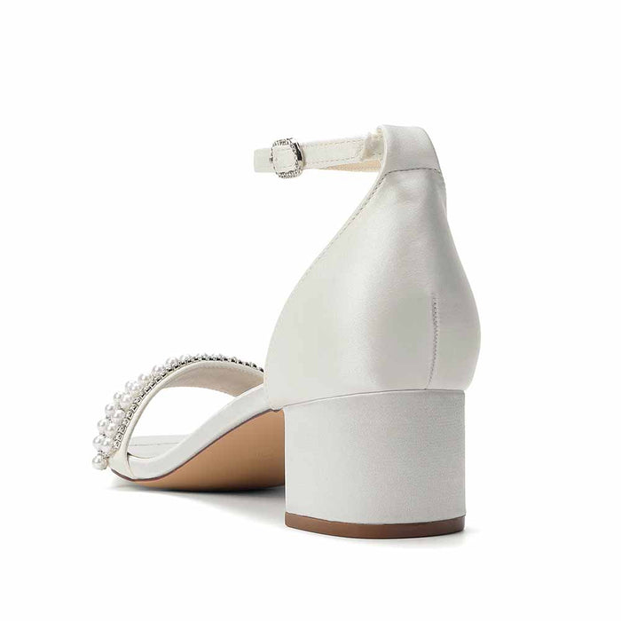 Women's Pearl Rhinestone Ankle Strap Sandals, Satin Bridal Heels for Wedding & Evening Events