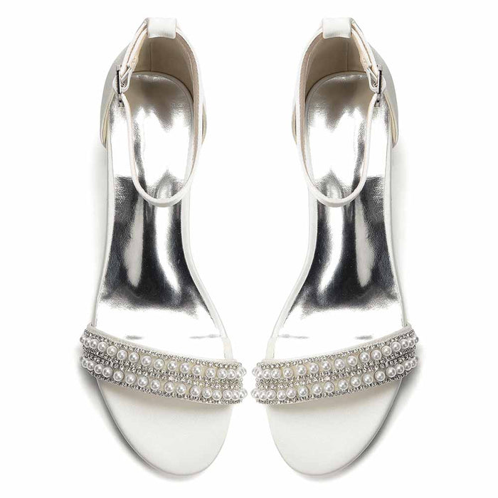 Women's Pearl Rhinestone Ankle Strap Sandals, Satin Bridal Heels for Wedding & Evening Events