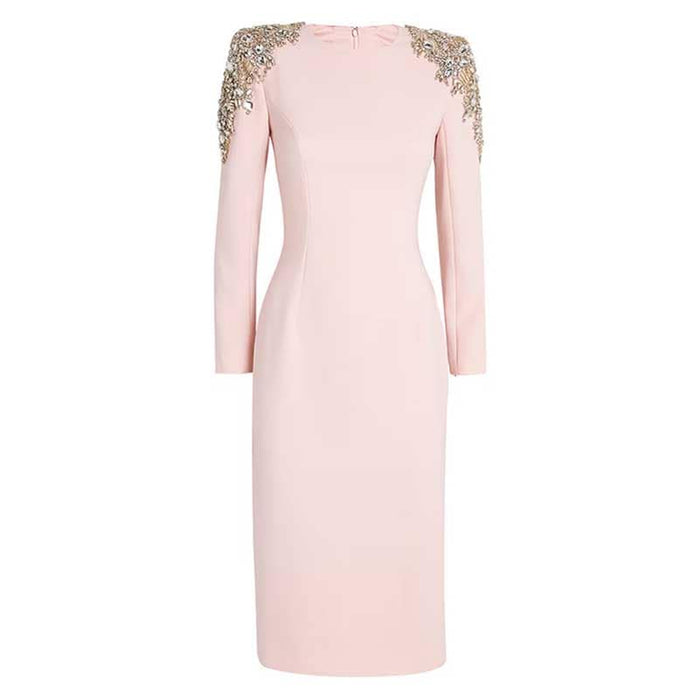 Women's Pink Midi Dress Crystal Beaded Tea Length Cocktail Dress