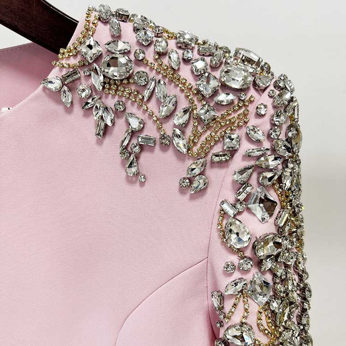 Women's Pink Midi Dress Crystal Beaded Tea Length Cocktail Dress