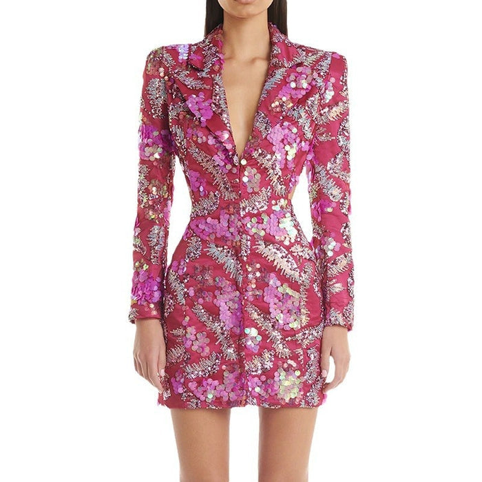 Women's Pink Sequin Blazer Dress Mini Dress Long Sleeve Short Party Dress