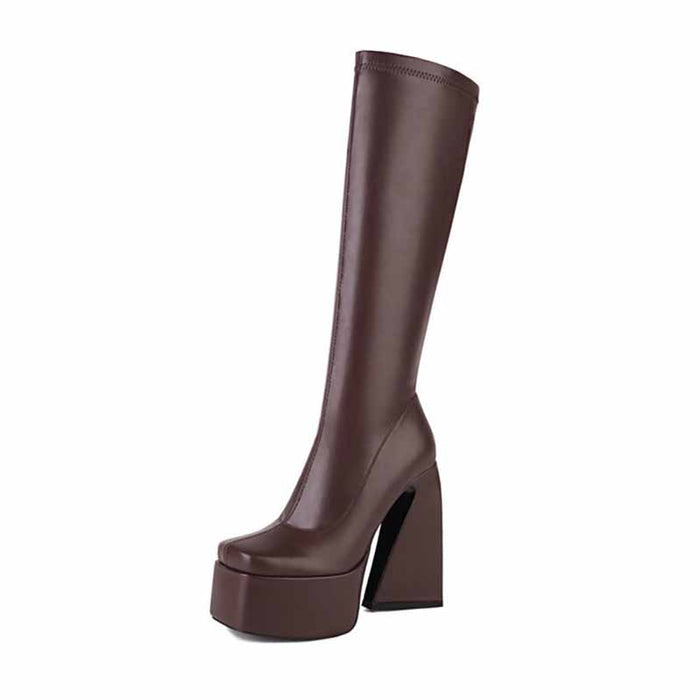 Stylish women's platform knee high boots in brown with a chunky heel for trendy looks