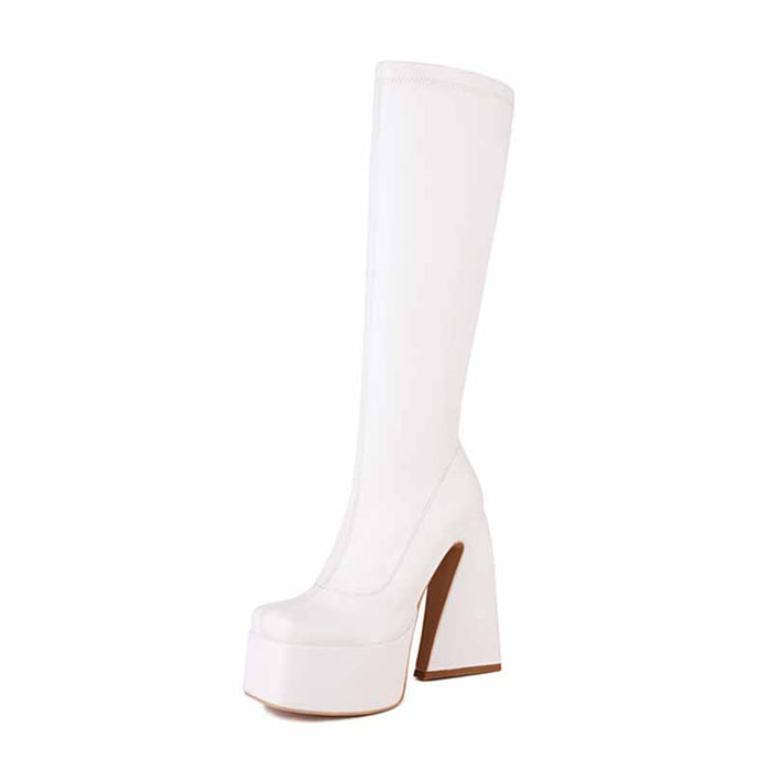 Stylish women's platform knee high boots in white with chunky heels for trendy looks