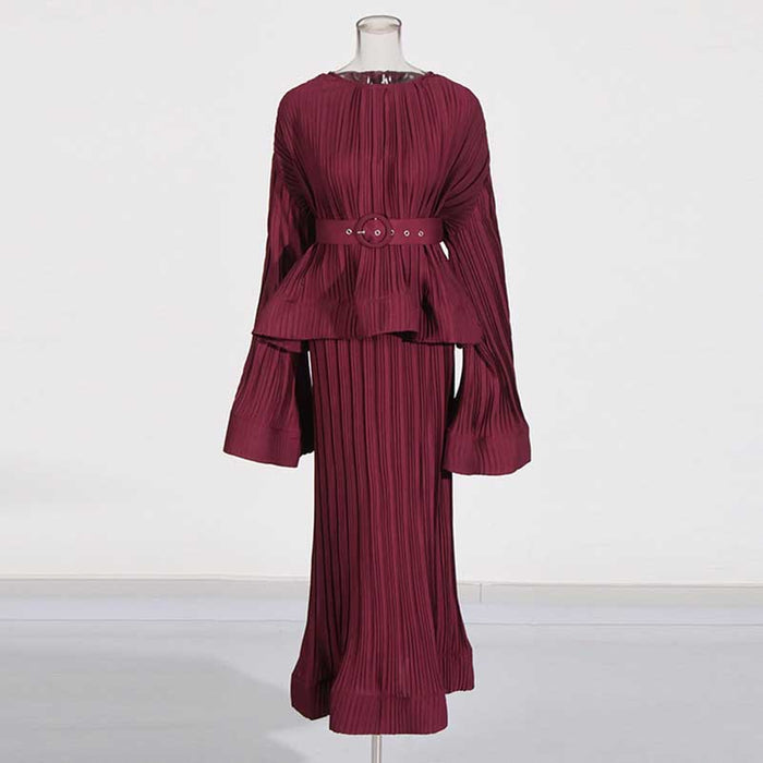 Women's Pleated Top and Skirt Set Maxi Skirt Suit With Belt