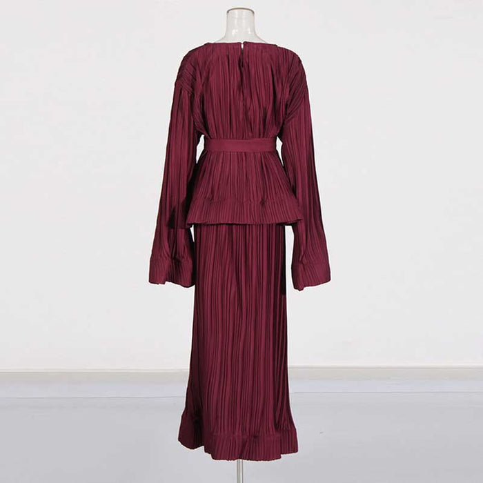Women's Pleated Top and Skirt Set Maxi Skirt Suit With Belt