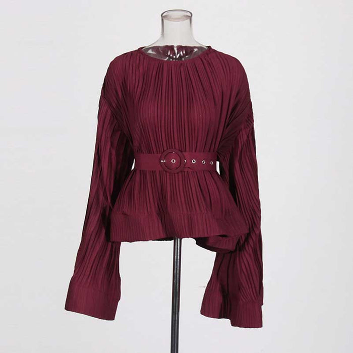 Women's Pleated Top and Skirt Set Maxi Skirt Suit With Belt