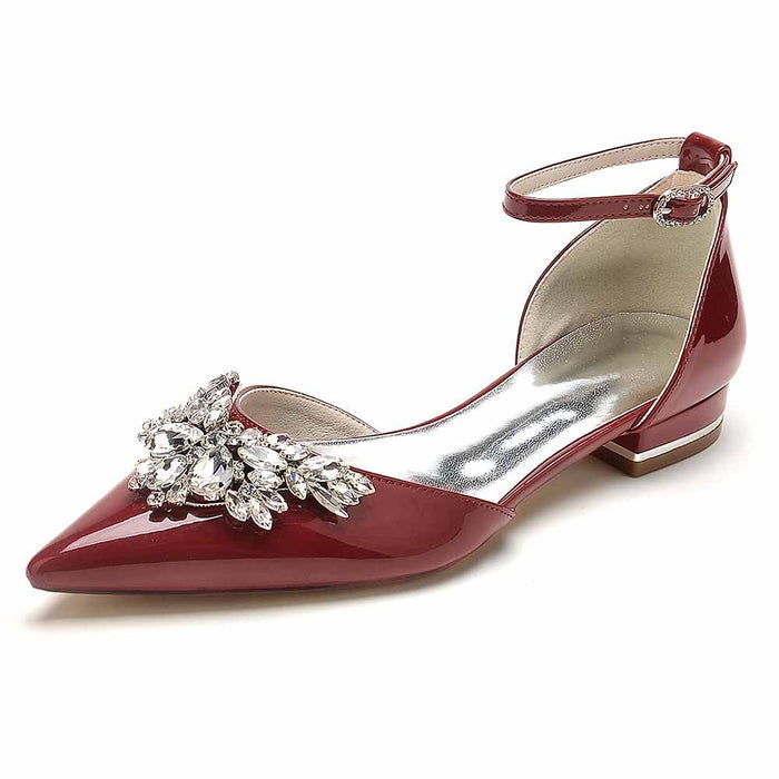 Womens Pointed Toe Flats Knit Dress Shoes Rhinestones Comfort Buckle Shoes