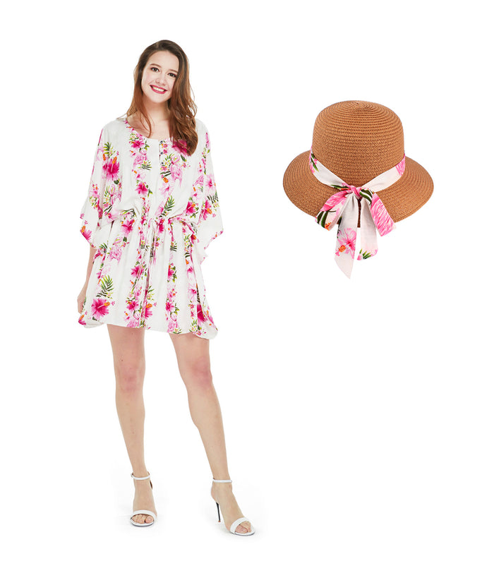 Women's Poncho Dress with Matching Hat in Pink Hibiscus Vine