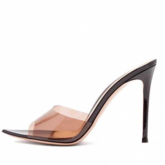 Womens PVC High Heeled Mules Peep Toe Stiletto Sandals