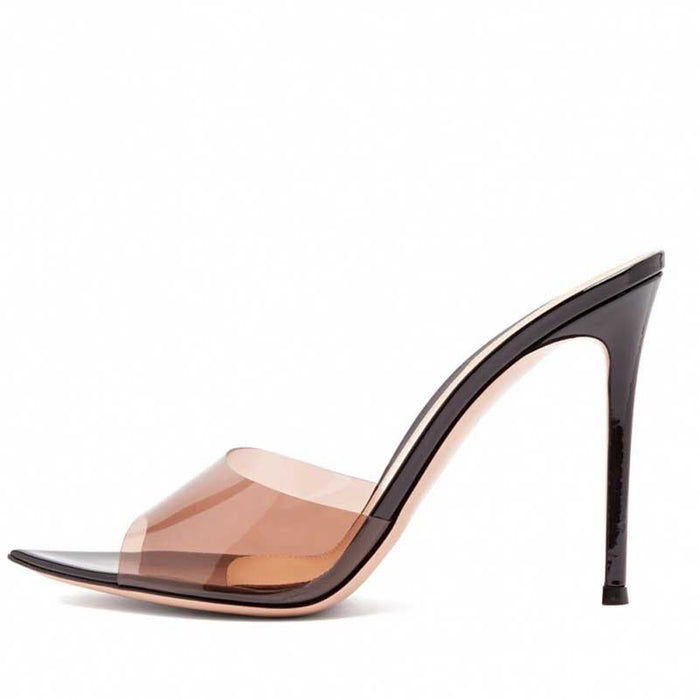 Womens PVC High Heeled Mules Peep Toe Stiletto Sandals