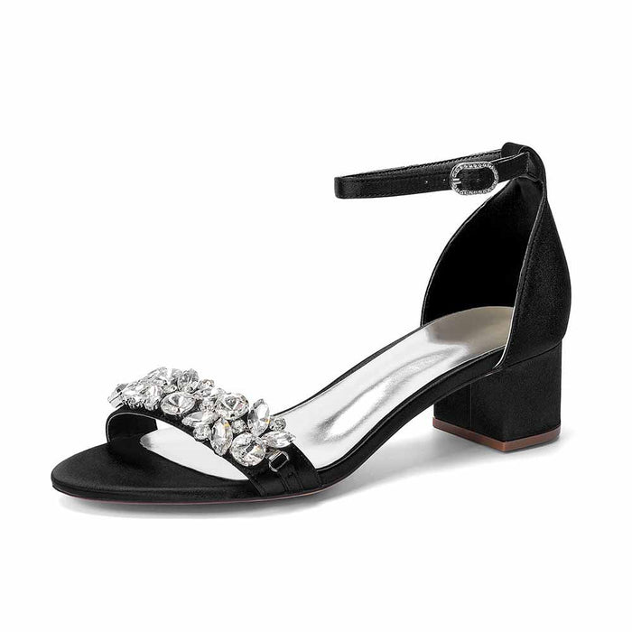 Women's Rhinestone Embellished Satin Strap Chunky Heel Sandals - Wedding Party Bridal Dress Shoes for Women
