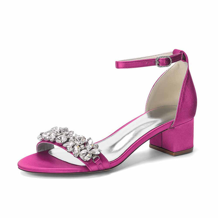 Women's Rhinestone Embellished Satin Strap Chunky Heel Sandals - Wedding Party Bridal Dress Shoes for Women