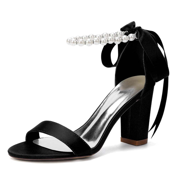 Women's Satin Ankle Strap Block Heel Sandals with Pearl Detail | Bridal Wedding Shoes