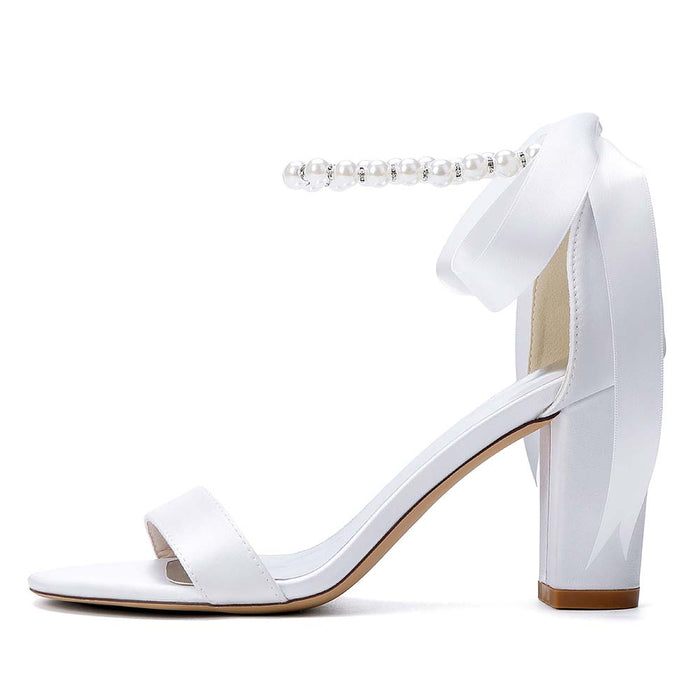 Women's Satin Ankle Strap Block Heel Sandals with Pearl Detail | Bridal Wedding Shoes