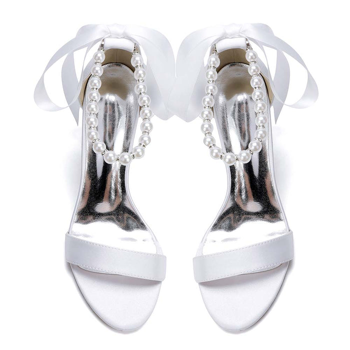 Women's Satin Ankle Strap Block Heel Sandals with Pearl Detail | Bridal Wedding Shoes