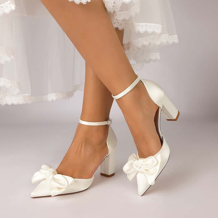 Women's Satin Ankle Strap Chunky Heel Pumps with Bowknot, Wedding Party Evening Dress Shoes