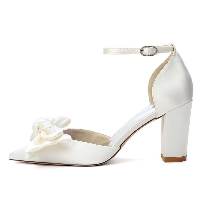 Women's Satin Ankle Strap Chunky Heel Pumps with Bowknot, Wedding Party Evening Dress Shoes
