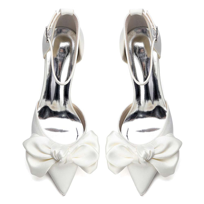 Women's Satin Ankle Strap Chunky Heel Pumps with Bowknot, Wedding Party Evening Dress Shoes