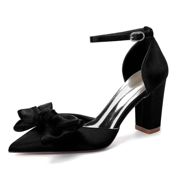 Women's Satin Ankle Strap Chunky Heel Pumps with Bowknot, Wedding Party Evening Dress Shoes