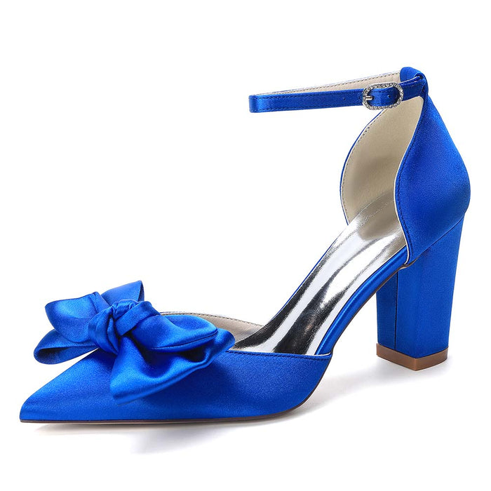 Women's Satin Ankle Strap Chunky Heel Pumps with Bowknot, Wedding Party Evening Dress Shoes