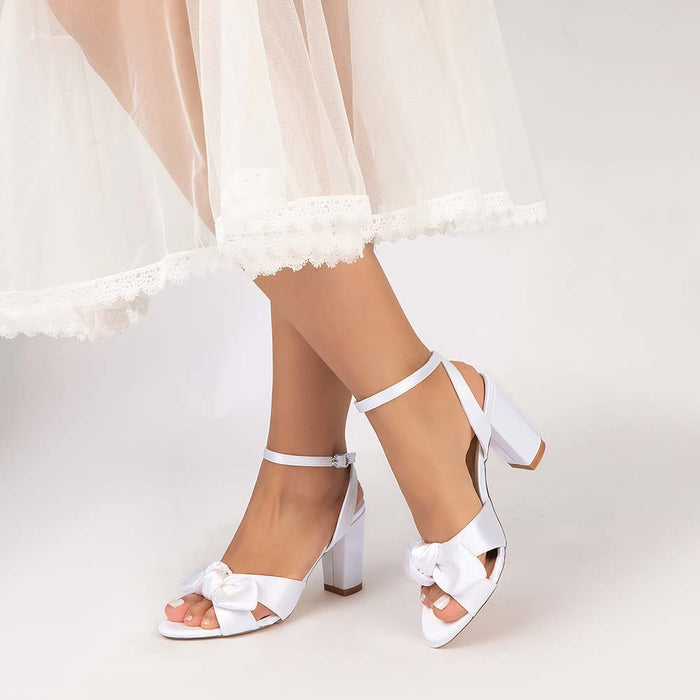Women's Satin Ankle Strap Chunky Heel Sandals with Bow | Bridal Wedding Shoes & Formal Party Dress Footwear