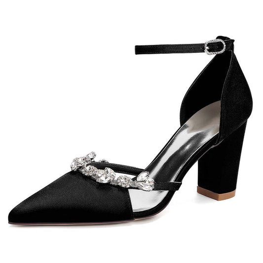 Women's Satin Crystal Embellished Ankle Strap Chunky High Heel Wedding Shoes