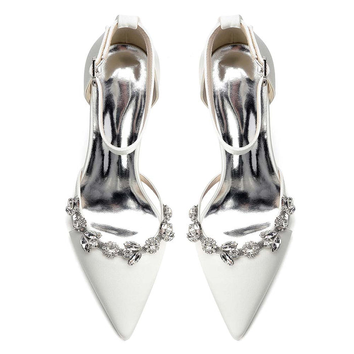 Women's Satin Crystal Embellished Ankle Strap Chunky High Heel Wedding Shoes