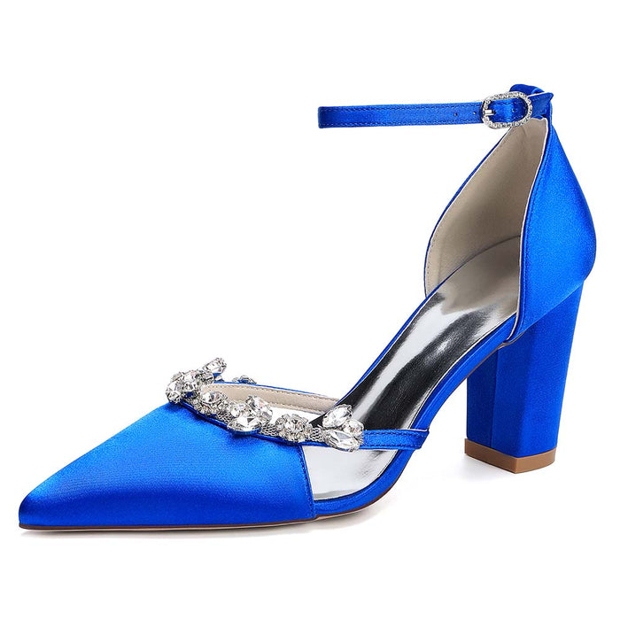 Women's Satin Crystal Embellished Ankle Strap Chunky High Heel Wedding Shoes
