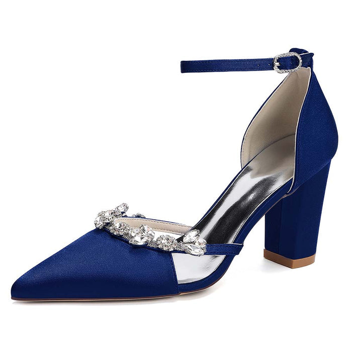 Women's Satin Crystal Embellished Ankle Strap Chunky High Heel Wedding Shoes