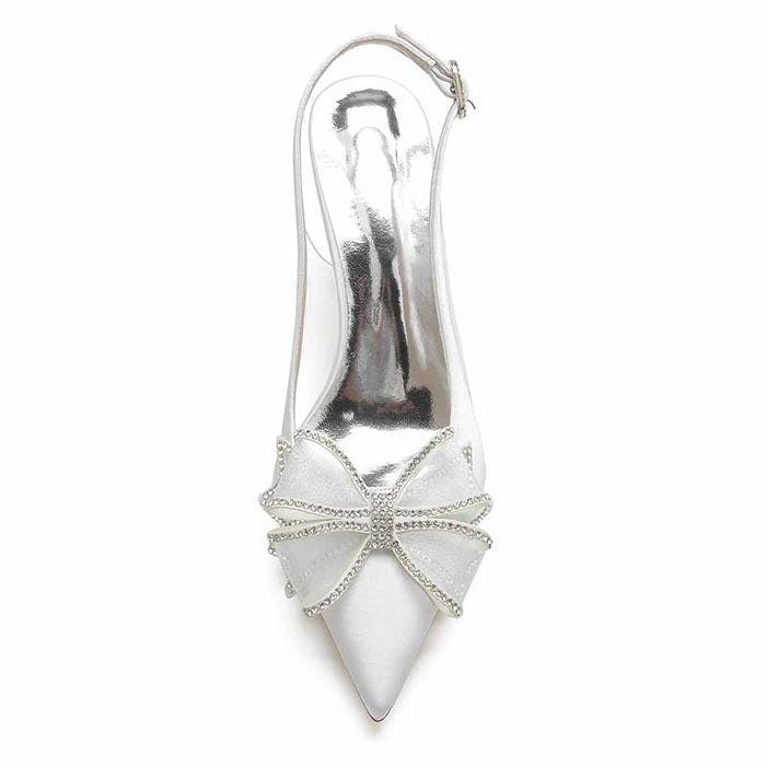 Women's satin high heel sandals with a stylish bow and rhinestone detailing