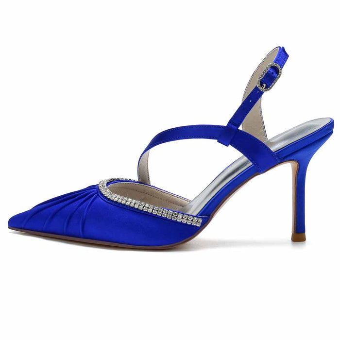 Women's satin wedding heels in royal blue with rhinestone accents and a pointed toe design