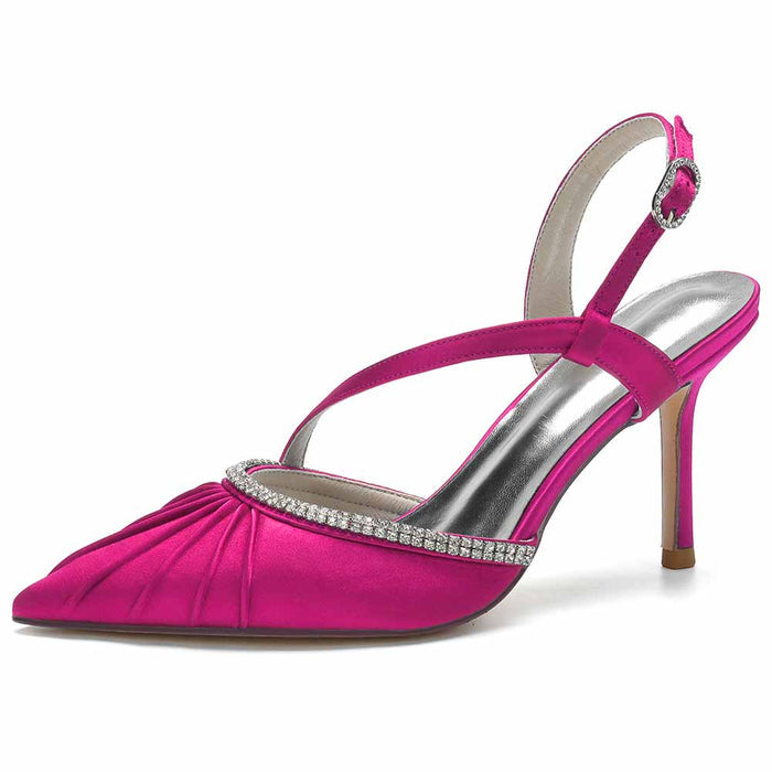 Hot pink women's satin wedding heels with a jeweled strap and elegant pointed toe design